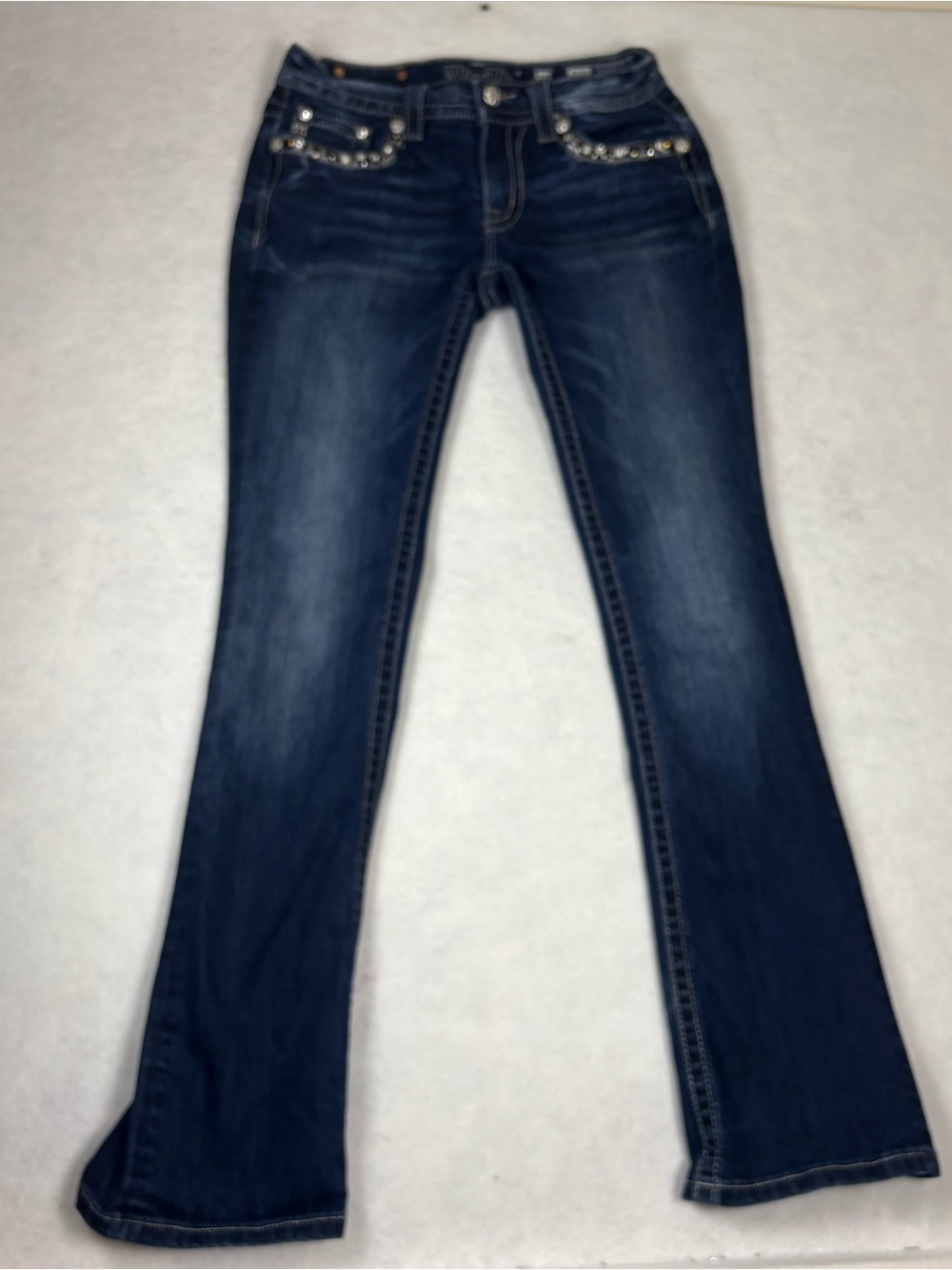 Miss Me Dark Blue Slim Boot Jeans with Embellished Pockets